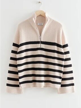 & Other Stories Cream Ribbed Half-Zip Sweater with Black Stripes